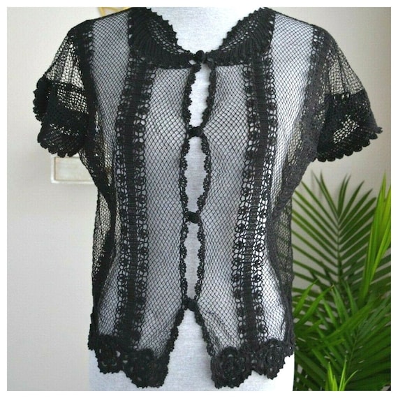 Vintage Lim's Delicate Hand Crochet Lace Cap Sleeve Cardigan Button Front Black Top Size Large Il_570xn
