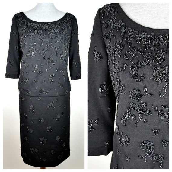 Thayer Sophisticates 50s Black Wool Dress 3/4 Sleeve Top & Beaded Pencil Skirt Set Large Il_570xn