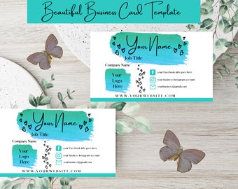 TURQUOISE Ombre Brushstroke Printable Business Card Template, editable Unique business card, Digital Download, Instant Download, CANVA