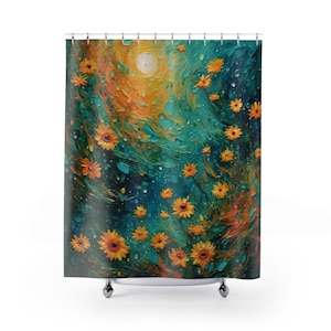Sunflower Swirl Shower Curtain. Unique, Beautiful colors of blue, teal, yellow and, orange
