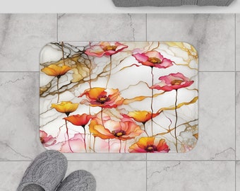 Tapis de bain floral abstrait et fleurs de pavot - Cadeau pour elle, Cadeau de pendaison de crémaillère et Cadeau pour une amie