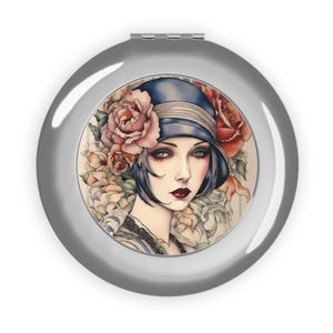 Compact Travel Mirror - Mystery Lady Roaring Twenties, Vintage Compact Makeup Mirror, Art Deco Pocket Mirror, Great Gatsby Gift, Flapper