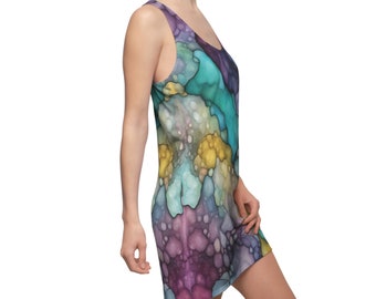 Women's Dress, Psychedelic Purple, Teal, Pink Abstract Unique Print Sleeveless, Racerback Dress Gift for her (AOP)