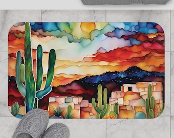 Abstrakte Wüstenlandschaft Badematte, Boho Home Decor