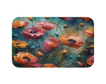 Poppy Blooms Bath Mat. Featuring thick palette knife strokes in shades of orange, yellow, teal, and pink. Unique design