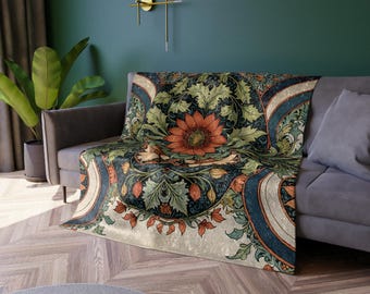 Manta de terciopelo con estampado floral Art Déco – Ropa de cama de forro polar suave