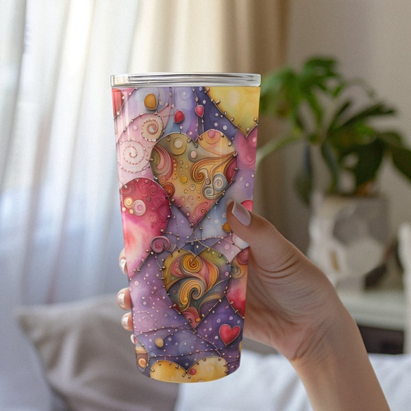 Boho Chic Abstract Hearts Decoupage Print 20 oz Tumbler - Stylish Drink ware for Your Everyday Adventures! Gift for Mom, Gift for Friend