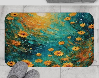 Sunflower Swirl Bath Mat. Unique, Beautiful colors of blue, teal, yellow and, orange