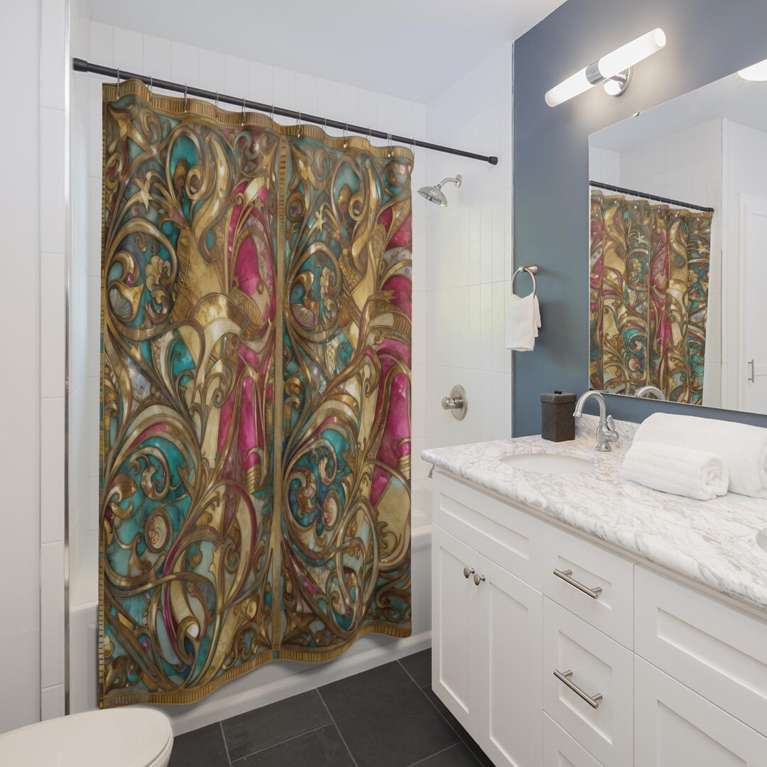 Rococo Vine Art Nouveau Meander Shower Curtain | Teal Magenta Gold - Etsy