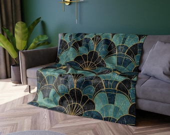 Art Deco Teal Gold Black Crushed Velvet Blanket
