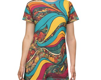 Boho Art T-Shirt Dress Bright Colored Casual Women's Wear (AOP)