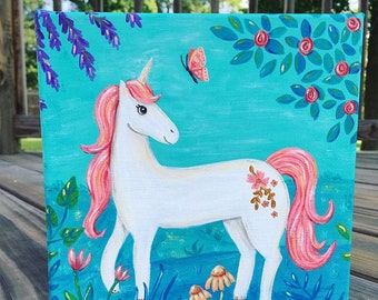 Unicorn Butterfly Floral Painting on Canvas 8" x 8" | Original Art, Acrylic Painting on Gallery Wrapped Canvas, Magical Kids Playroom Decor