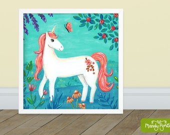 Unicorn with Butterfly Square Art Print 8" x 8" | Magical Print of Acrylic Painting on Canvas, Kids Wall Art, Girls Room, Floral