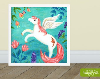 Pegasus with Butterfly Square Art Print 8" x 8" | Magical Print of Acrylic Painting on Canvas, Kids Wall Art, Girls Room, Floral