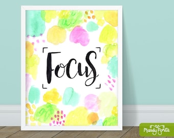 Focus Art Print 8" x 10" | Hand Lettered Word of the Year Wall Decor, Motivational Illustration, Office Painting, Office Decor