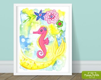 Seahorse Mermaid Art Print 8" x 10" | Sea Animal Wall Decor, Under the Sea Decor, Beach Painting, Gouache Mermaid, Floral, Kids Room