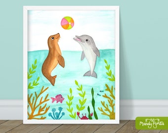 Impression ludique d’art de dauphins et de phoques 8 » x 10 » | Décor mural d’animaux marins, Décor sous la mer, Art de plage, Art de l’amitié, Chambre d’enfants