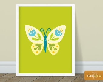 Joyful Folk Butterfly Giclee Art Print 8" x 10" | Bright Floral Butterfly Wall Decor for Office, Living Room, Studio