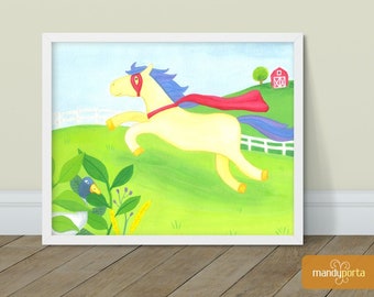 Super Horse Giclee Art Print 8" x 10" | Superhero Wall Decor for Kids Playroom, Children's Bedoom | Gouache Painting