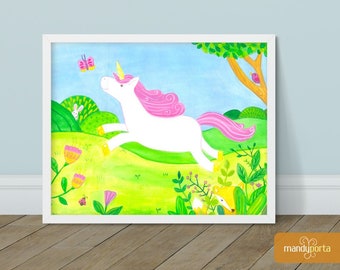 Unicorn Chasing Butterfly Giclee Art Print 8" x 10" | Bright Wall Decor for Kids Playroom, Children's Bedoom | Gouache Painting