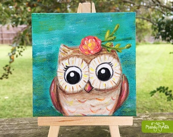 Adorable Owl Mini Canvas 4" x 4" With Easel | Woodland Original Acrylic Painting on Canvas, Floral Wildlife, Girls Room Art