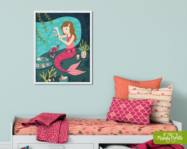 Maker Mermaid Art Print 8 x 10 Pink Mermaid Jewelry Maker Wall Decor, Kids Room Illustration, Under the Sea Decor, Craft Lover image 2