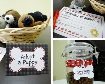 Welpen Hund Printable Birthday Party Kit: Futteretiketten / Platzkarten, Knochenanhänger, Schilder, Adoptionsurkunde - SOFORT DOWNLOAD