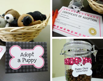 Pinkes Hündchen zum Ausdrucken Geburtstagsparty Kit: Lebensmitteletiketten / Platzkarten, Knochen Tags, Schilder, Adoptionsurkunde - SOFORTIGER DOWNLOAD