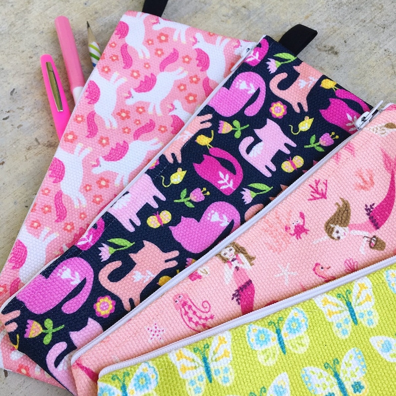 Patterned Pencil Case for Girls Zipper Pouch, Art Supply and Craft Storage, School Pencil Bag, Makeup Bag, Mermaids, Unicorns, Butterflies image 2