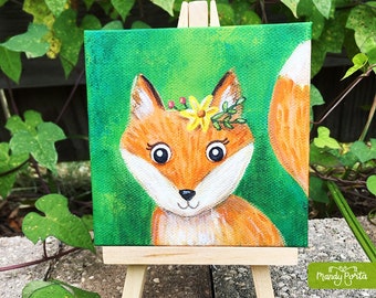 Adorable Fox Mini Canvas 4" x 4" With Easel | Woodland Original Acrylic Painting on Canvas, Floral Wildlife, Girls