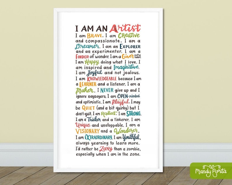May include: A colorful printable poster with the text "I am an Artist" and a list of positive adjectives describing an artist's personality traits. The poster is designed with a white background and colorful text.