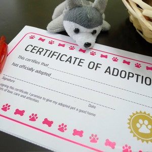 Puppy Dog Adoption Certificate Birthday Party Printable Available in Red and Pink INSTANT DOWNLOAD image 3