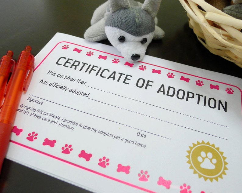 Puppy Dog Adoption Certificate Birthday Party Printable Available in Red and Pink INSTANT DOWNLOAD image 3