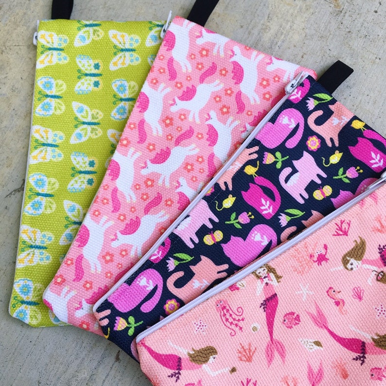 Patterned Pencil Case for Girls Zipper Pouch, Art Supply and Craft Storage, School Pencil Bag, Makeup Bag, Mermaids, Unicorns, Butterflies image 3