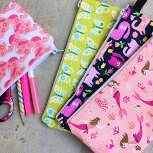 Patterned Pencil Case for Girls Zipper Pouch, Art Supply and Craft Storage, School Pencil Bag, Makeup Bag, Mermaids, Unicorns, Butterflies image 1