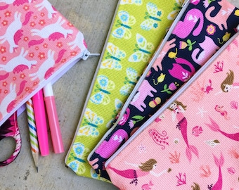 Patterned Pencil Case for Girls | Zipper Pouch, Art Supply and Craft Storage, School Pencil Bag, Makeup Bag, Mermaids, Unicorns, Butterflies