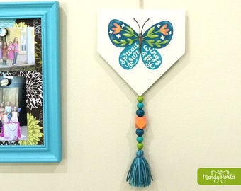 Butterfly Wall Hanging | Spread Your Wings and Fly Hand Lettered Wall Decor, Floral Butterfly Art Adorned with Wood Beads and Tassel