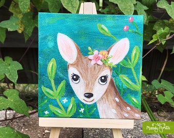 Cute Deer Mini Canvas 4" x 4" With Easel | Woodland Original Acrylic Painting on Canvas, Floral Wildlife, Girls Room Art