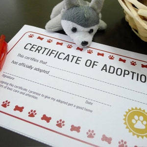 Puppy Dog Adoption Certificate Birthday Party Printable Available in Red and Pink INSTANT DOWNLOAD image 1