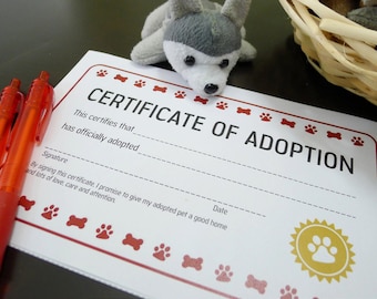 Hündchen Adoptionsurkunde Geburtstagsparty Printable Erhältlich in Rot und Pink - SOFORTIGER DOWNLOAD