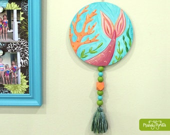 Mermaid Tail Wall Hanging | Beach Wall Art, Coastal Home Decor with Wood Beads and Tassel