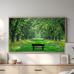 Marco de TV Samsung, decoración de sala de estar con banco de parque