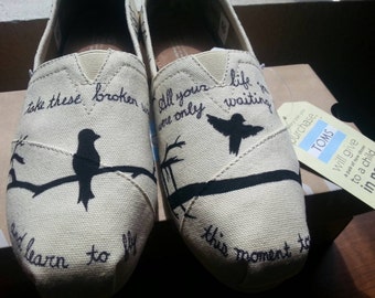 TOMS Bird Silhouette shoes with Beatles lyrics.