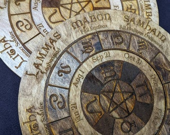 Wooden laser cut pentacle Sabbat wheel of the year calendar