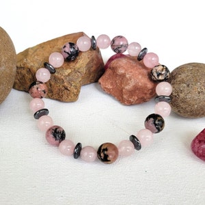 Rose Quartz Bracelet, Rhodonite Hematite, Men's energy bracelet, beaded bracelet, stretchy bracelet, Unisex bracelet