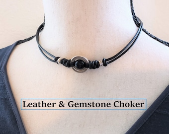 Onyx choker, Black Onyx choker, energy jewelry, Boho chic choker, gemstone jewelry, heal stone jewelry, leather Choker, gift for he