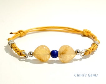 Citrine bracelet, Lapis and leather, Adjustable bracelet, Boho chic, Genuine gemstone, Yoga bracelet, Genuine leather, Women Gift idea