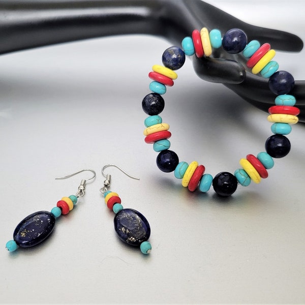 African jewelry set, Lapis lazuli Howlite, Stretchy bracelet, bracelet earrings, colorful jewelry, Jewelry gift idea