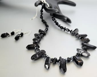 Black Quartz necklace, jewelry set, Black gemstone, Healing stone, black Quartz chips, necklace earrings, Jewelry gift idea, Pink stone