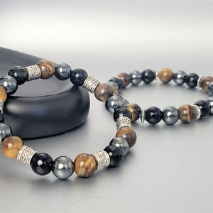 Triple protection bracelet, Tiger eye Hematite Onyx, energy gemstone, power health luck, Men&#39;s bracelet, stretchy bracelet, gift idea